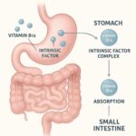 “Diagram showing how Vitamin B12 is absorbed in the stomach and small intestine through intrinsic factor.