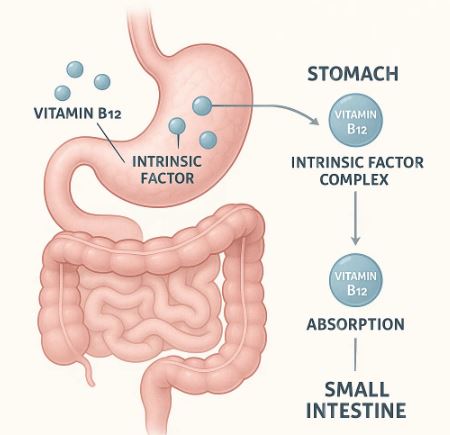 “Diagram showing how Vitamin B12 is absorbed in the stomach and small intestine through intrinsic factor.