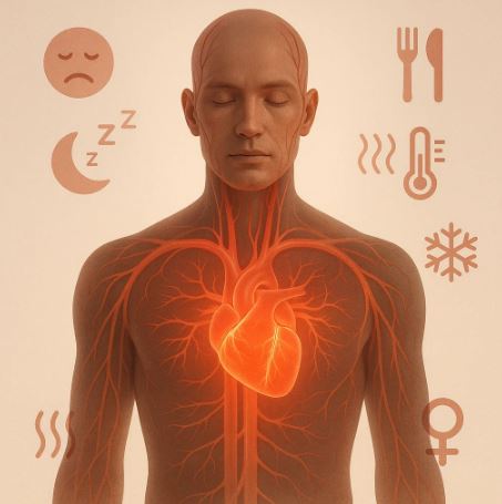 a human outline with highlighted blood vessels and icons representing hidden causes of blood pressure fluctuations such as stress, sleep, heat, cold, and hormones