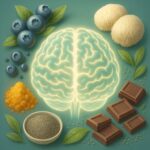 Brain illustration surrounded by blueberries, green tea, turmeric, chia seeds, dark chocolate, and Lion’s Mane mushrooms representing nutrients that boost BDNF