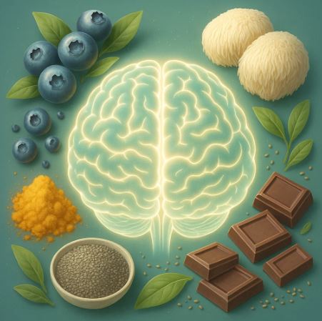 Brain illustration surrounded by blueberries, green tea, turmeric, chia seeds, dark chocolate, and Lion’s Mane mushrooms representing nutrients that boost BDNF