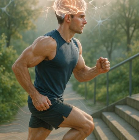 man climbing stairs with glowing brain connections above her, symbolizing the link between exercise, strength, and improved brain health.