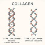 Illustration comparing type I and type II collagen, showing collagen fibres in skin and cartilage with a simple scientific diagram.