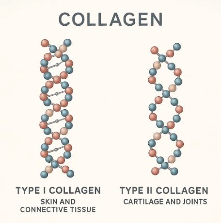 Illustration comparing type I and type II collagen, showing collagen fibres in skin and cartilage with a simple scientific diagram.