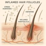 Illustration showing scalp inflammation and hair follicle damage due to stress and histamine release.