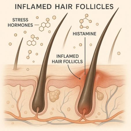 Illustration showing scalp inflammation and hair follicle damage due to stress and histamine release.
