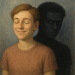 Illustration of a smiling person with a darker, shadowy figure behind them symbolizing hidden jealousy