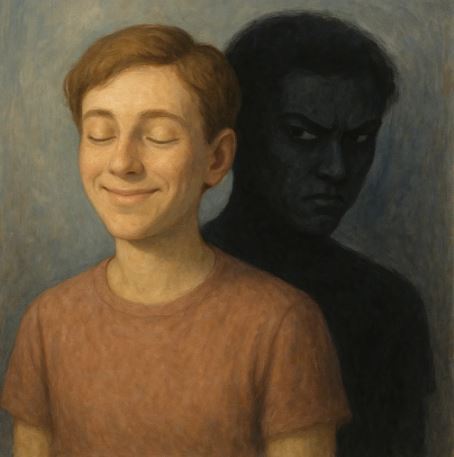 Illustration of a smiling person with a darker, shadowy figure behind them symbolizing hidden jealousy