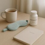 Morning self-care essentials including cooling mask, drink, and notebook to recover after poor sleep.