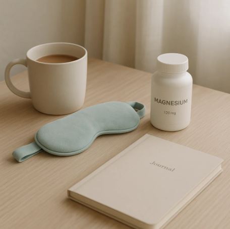 Morning self-care essentials including cooling mask, drink, and notebook to recover after poor sleep.