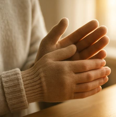 Person warming their hands in winter to relieve numb fingers caused by Raynaud’s syndrome