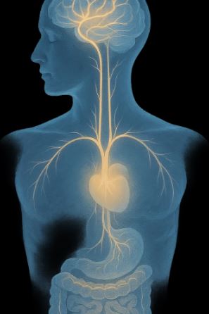 Illustration of the vagus nerve running from brain to body, symbolizing vagal dysautonomia and stress regulation.