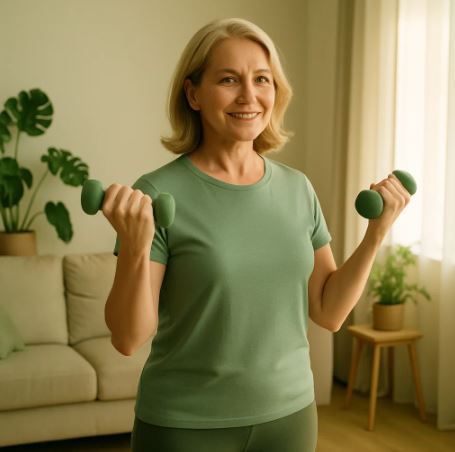 “Middle-aged woman doing weight training for bone health and osteoporosis prevention