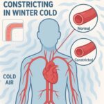 “Medical illustration of cold weather causing vasoconstriction and winter blood pressure fluctuations