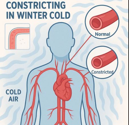 “Medical illustration of cold weather causing vasoconstriction and winter blood pressure fluctuations