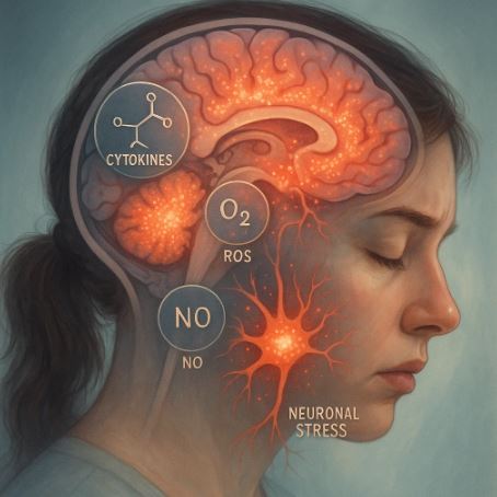 Illustration of a young adult brain showing inflammation and early neuronal stress associated with low choline levels.