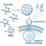 Graphic showing how glycation leads to AGEs and activates the RAGE pathway causing diabetic complications.