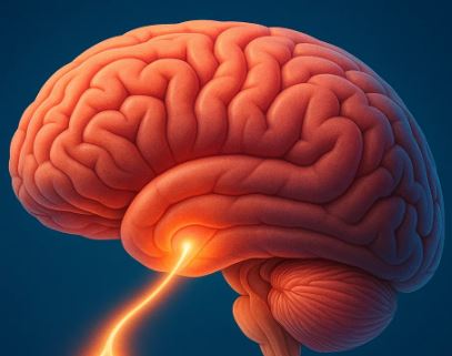 Medical illustration of the brain’s hypothalamus and pituitary gland producing oxytocin, represented by soft glowing light and a calm color palette.